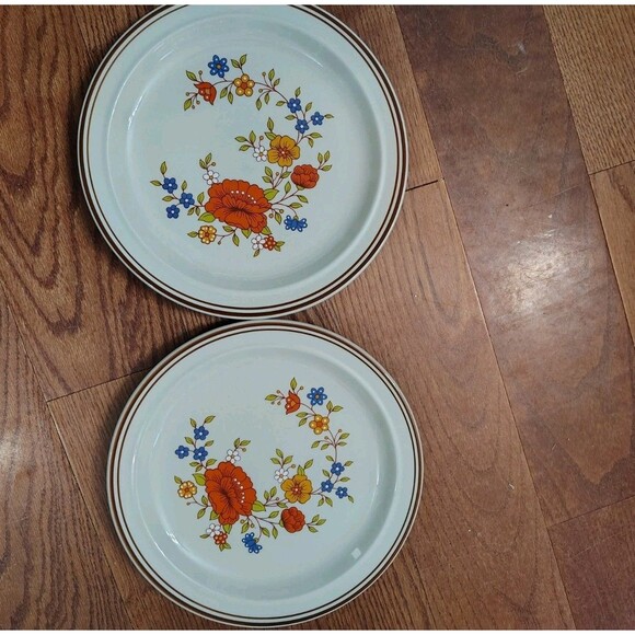 Vintage Summer Garden by Excel Stoneware dinner plates Retro 70s Floral 2 Piece - Picture 1 of 4